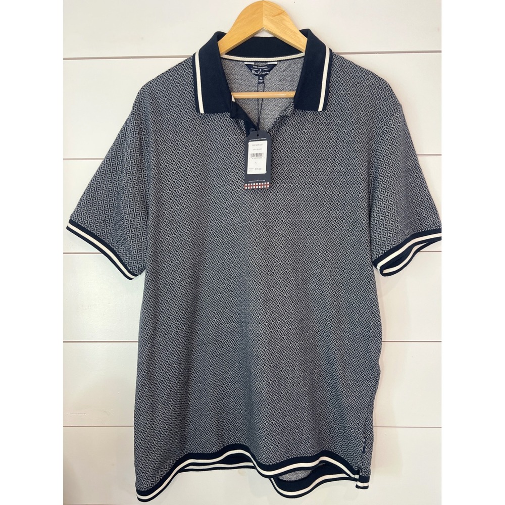 NWT Ben Sherman Mens Navy Blue Geometric Print Cotton preppy Polo Shirt XL